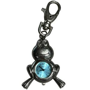Vintage Frog Keychain Watch Silver Tone Quartz Clock Charm Collectible